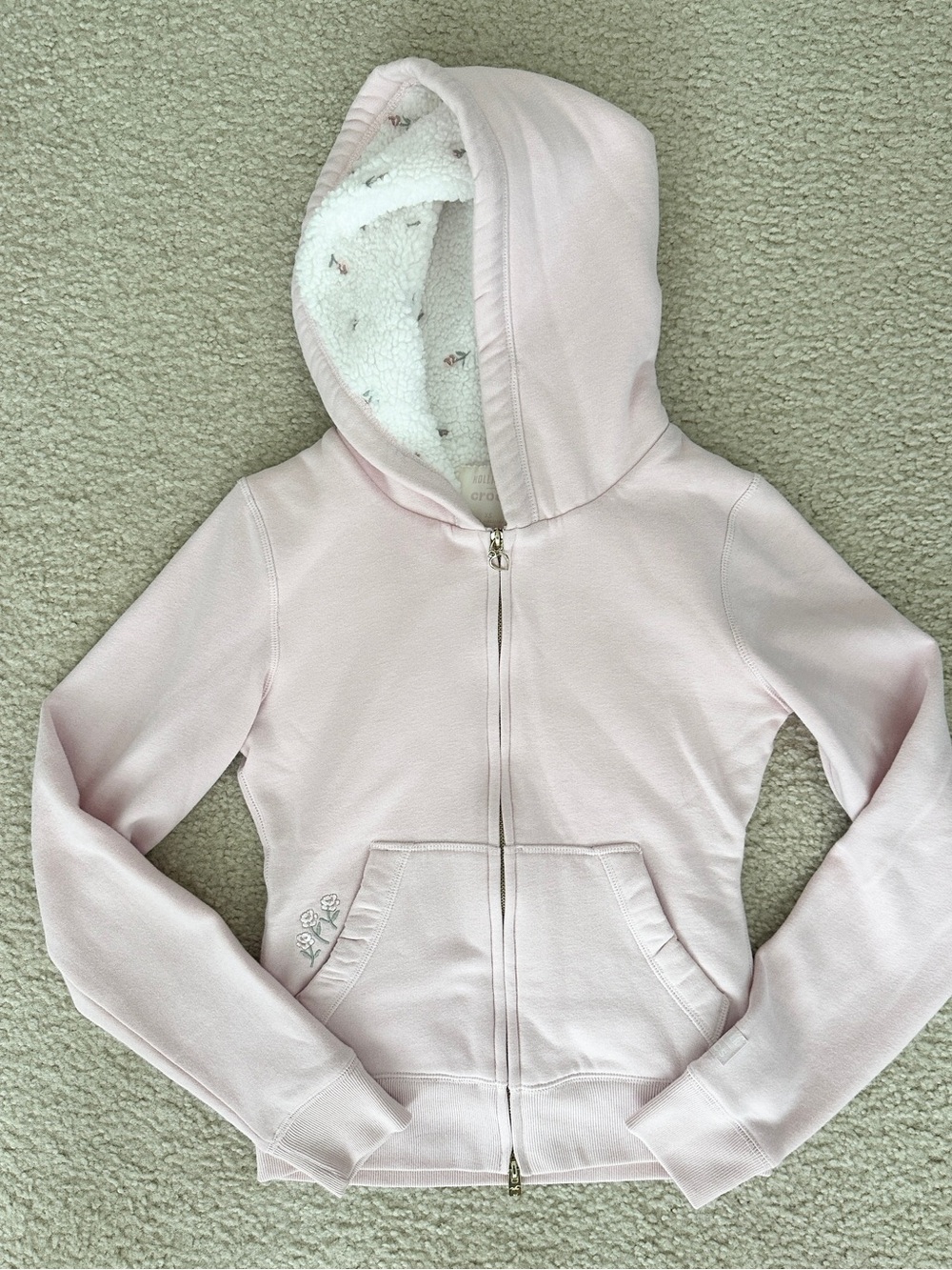 Hollister x Crocs Light Pink Zip-Up Hoodie with Embroidered Flowers
